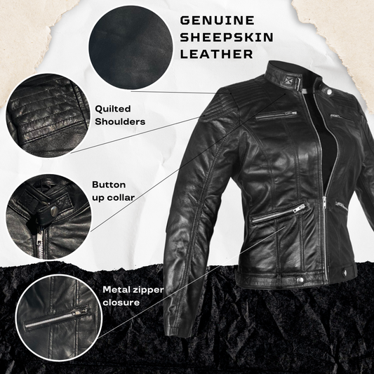 Classic Sheepskin Leather Jacket in Black for Women