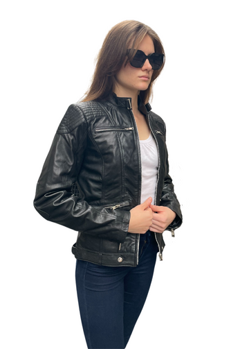 Classic Sheepskin Leather Jacket in Black for Women